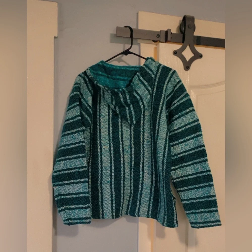 Blue Vertical Striped Sweater with V-neck beach bum boho - Picture 2 of 3